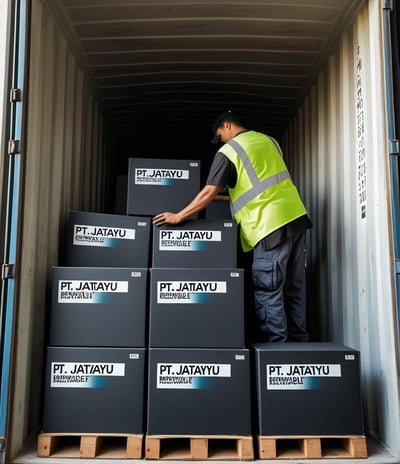 Loading coconut charcoal briquettes into container – PT Jatayu Renewable Energy
