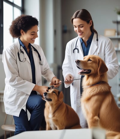  veterinarian speaking with dog owner at her clinic