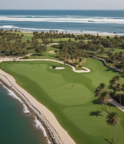 An aerial view of a golf course featuring neatly maintained greens. Sand bunkers are prominent in the center, surrounded by lush grass. Shadows from tall trees stretch across the ground, with a calm body of water visible in the distance. The sunlight casts a warm glow across the landscape, highlighting the contours of the course.