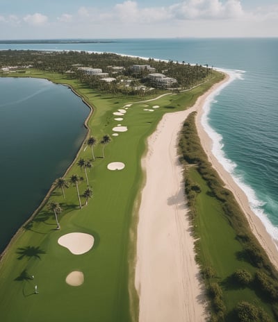 An aerial view of a golf course featuring a green landscape with multiple sand traps and a paved pathway. Trees with bare branches are scattered throughout the area, indicating the season might be winter or early spring. The scene is serene and well-maintained, typical of a professional golf course.