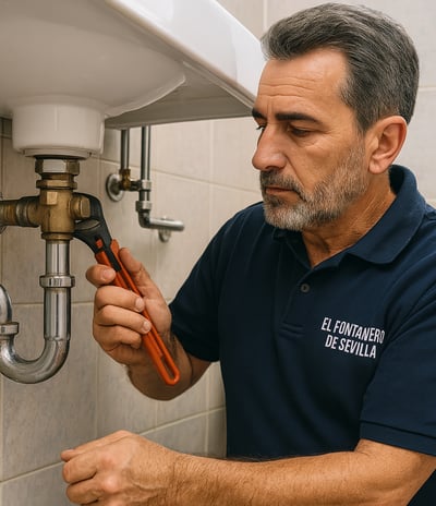 Un fontanero arreglando una fuga en un lavabo