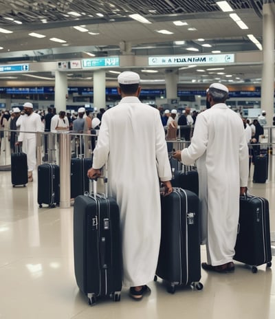 A group of travelers stand at an airport check-in counter, with visible signage for Singapore Airlines. They are waiting with their luggage, which includes suitcases and travel bags. One person is carrying a neck pillow, and another has a red trolley containing a QR code for payment. The area is well-lit, with check-in screens and information displayed overhead.