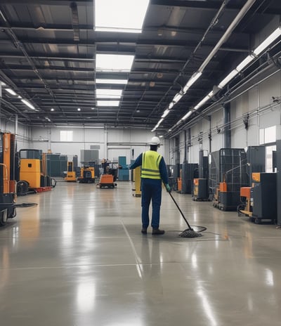 A cleaning cart is positioned in an outdoor area with a concrete building structure in the background. The cart holds a large bucket and cleaning supplies, including a striped cloth and a pink cloth hanging over the handle. A green scrubbing brush is placed on the bottom platform. Surrounding the area are vibrant flower beds with yellow and white flowers, as well as bushes and trees, contributing to a tidy and well-maintained environment.