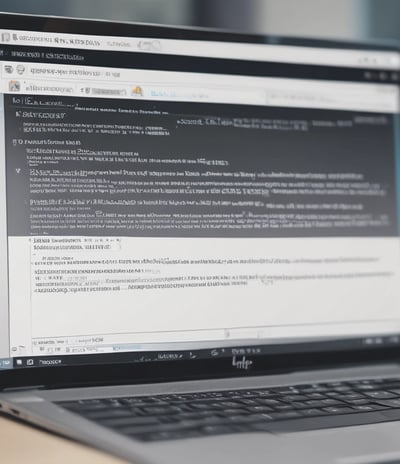 A laptop displaying a code editor with lines of code related to a React application. The screen shows project folders and files written in JavaScript, suggesting software development in progress. The background is slightly blurred, adding focus to the laptop screen.