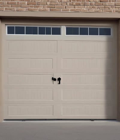 A modern garage door with a dark finish set against a light-colored stucco wall. A traditional-style lamp is mounted on the wall, and a small potted plant is visible on a ledge. The driveway is paved with patterned stone.