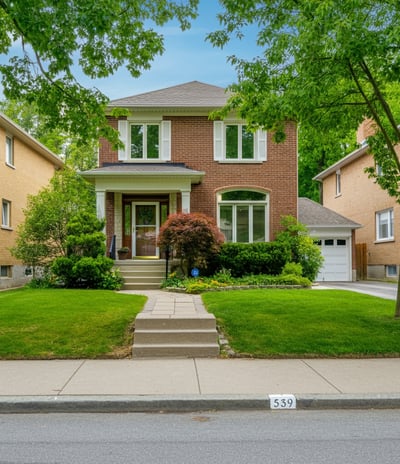 two story home with "539" address Number painted on the front curb.