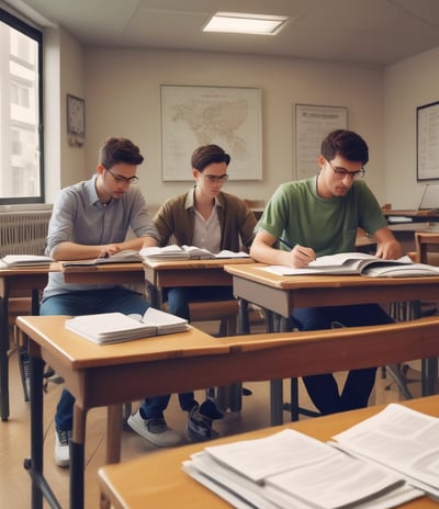 A group of people are in a classroom setting. Some are seated at desks with notebooks and pens, while one person appears to be teaching or giving a presentation. The classroom has a modern design with glass partitions and various electronic equipment, such as a tripod and a ring light.