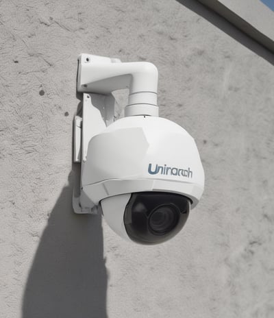 A surveillance camera mounted on a white stand, positioned against a plain background. The camera is branded with the logo 'Dahua' and appears to be pointed to the right.