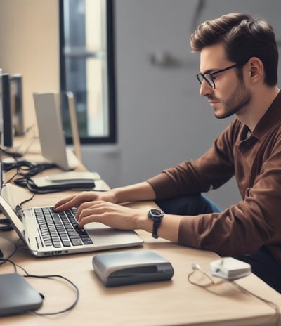 A close-up view of a laptop screen displaying a project management tool with columns labeled 'Open', 'In Progress', and 'Review'. Tasks are listed under each column. The environment appears dimly lit, with a small, leafy plant visible in the background.