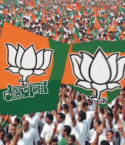 Colorful political banners and flags are displayed in an outdoor setting, featuring campaign slogans and symbols.