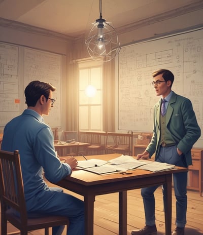 A teacher is standing at a chalkboard, writing equations and diagrams. The board contains various mathematical notations and illustrations related to physics. A student appears to be observing attentively while taking notes.
