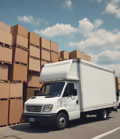 A black truck parked in an industrial area is loaded with large metal cabinets and a roll of white material. The truck's bed is wooden and surrounded by various parked vehicles in a warehouse environment.