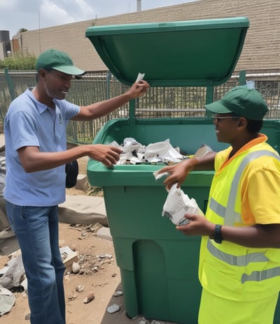 A man in an orange and green uniform stands amidst a pile of plant debris and waste, suggesting a waste management or recycling activity. Large industrial buildings and palm trees are visible in the background.