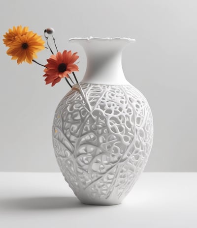 A person holds a detailed, intricately designed 3D-printed object, with a laptop displaying a 3D modeling software. The background features a 3D printer, suggesting a design and production process.