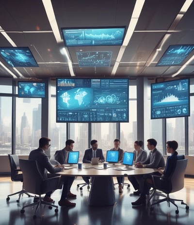 A monochromatic indoor scene featuring a consultation area with a modern design. Two people are seated at a long wooden table, working on laptops, while another person stands nearby. Bookshelves are visible beneath the table, and a sign reads 'Consultation Specialisee'. Overhead lighting and glass partitions add to the contemporary architectural style.