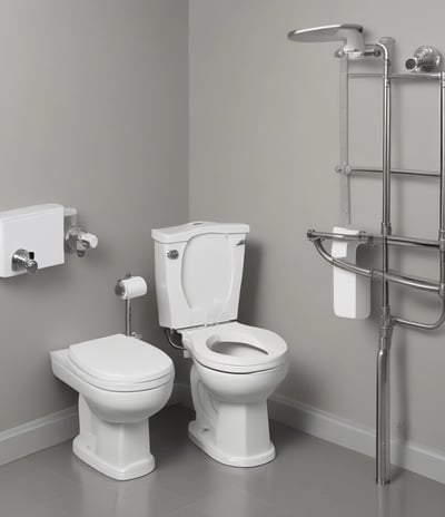A close-up view of a row of shiny chrome faucets lined up on a display, with a warehouse setting in the background. The focus is on the faucets, emphasizing their metallic finish and curved design, while shelves filled with boxes and equipment can be seen blurred in the distance.