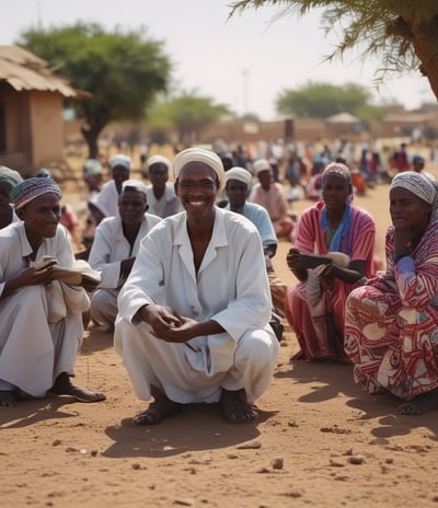 Several individuals are gathered in an outdoor setting, with many of them seated on the ground alongside bags and containers of supplies, likely food aid. The people are dressed in cultural attire, and there is a visible stone wall in the background dividing the scene.