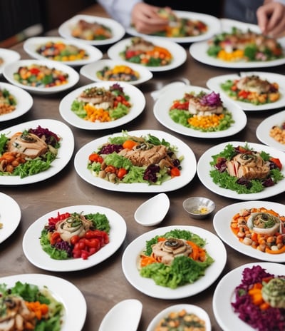 A person is plating food in a kitchen, preparing several dishes with vibrant ingredients. Various plates are arranged on a countertop, each containing a variety of colorful foods, such as vegetables and garnishes.