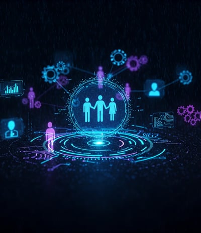 Partnerystės ir bendradarbiavimo vaizdas su technologiniais elementais