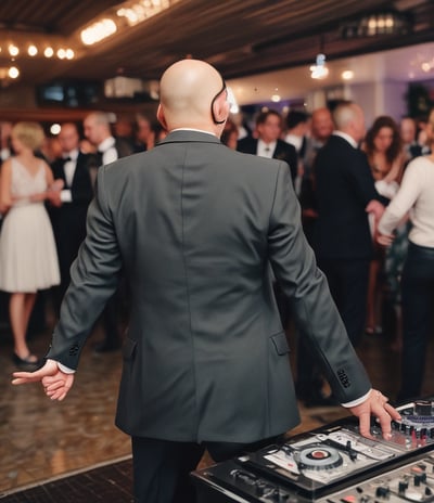 A DJ wearing headphones and a blue jacket is operating behind a mixing console at an event. The scene includes a large LED screen to the left and professional audio equipment around the DJ. The background features elegant chandeliers and subtle decorations, suggesting a formal gathering or party atmosphere.