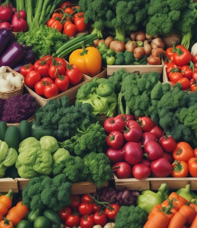 A market stall brimming with fresh produce such as tomatoes, carrots, cauliflower, and various leafy greens. Handwritten price signs are visible throughout the display. A vendor stands behind the counter, partially obscured by the vegetables.