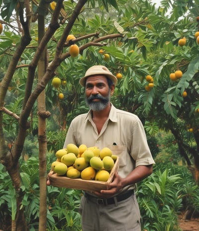 A person is tending to a garden, spreading organic material onto the soil between rows of young plants. The setting is a well-organized farm with various types of plants growing in parallel rows. A wheelbarrow filled with similar organic material is visible nearby.