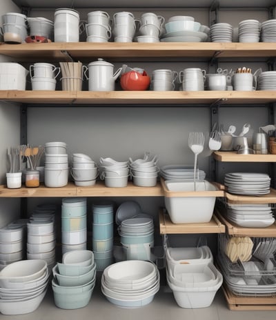 A variety of handmade ceramic items are displayed on a light brown surface. These include colorful plates with floral designs, a large green bowl, several decorative pieces shaped like flowers, leaves, and other nature motifs. Prices are marked with numbers written on small pieces of paper placed next to some items.