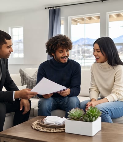 Lionel Family reviewing purchase agreement in Harvest Ridge living room