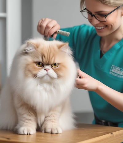 A person in a black shirt is grooming a small white dog on a table. The dog has fluffy fur and appears to be a Pomeranian. A comb is used in the grooming, and there are grooming tools visible on the table. The background features a chalkboard with some doodles and writing, and the setting seems to be a pet salon or a grooming space.