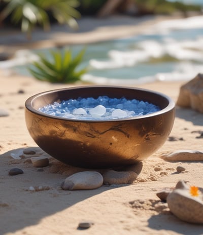 Various wellness and beauty products, including oils in bottles, a bowl of oil, dried flowers, crystals, a smudge stick, and a small dish of cream, are arranged aesthetically on a light surface. The scene is decorated with colorful flowers and herbs.