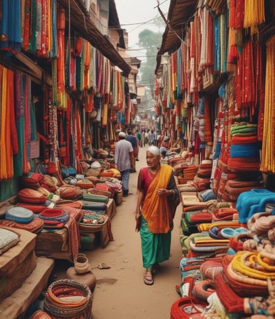 A busy market scene with several vendors and shoppers. Stalls are filled with various goods and products, and there are bright lights creating a warm, lively atmosphere. Signs with text in a Southeast Asian script hang from the stalls, adding to the market ambiance.