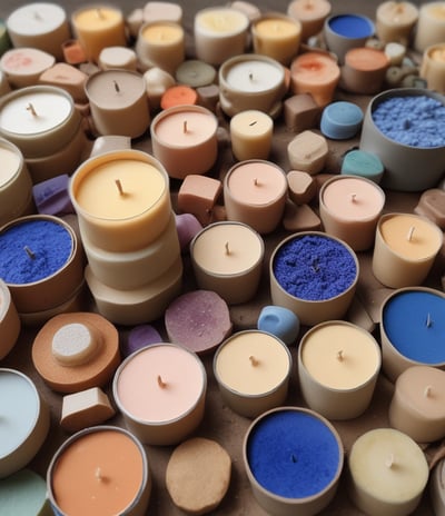 Glass jars filled with colorful substances are neatly arranged on wooden shelves along with bottles of honey. Labels with tags are attached to the jars and bottles, suggesting they are homemade or artisanal products. The jars contain pastel-colored substances, possibly candles or preserved items. The setting appears to be a market or a store.