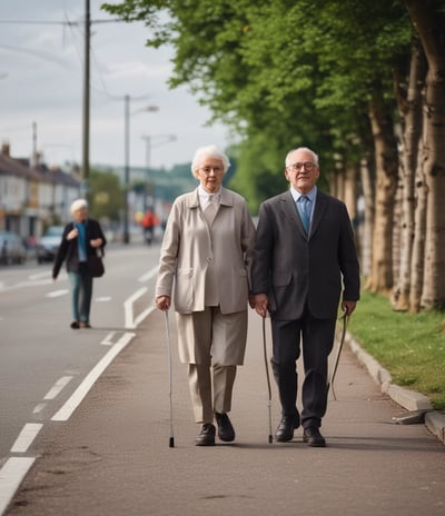 An older adult dressed in orange walks beside a person in a wheelchair on a rural road. The road is lined with trees and buildings. Other people are seen riding motorcycles further ahead.