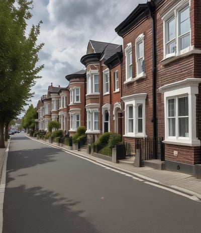 A residential street lined with brick houses stretches into the distance under a partly cloudy sky. A large tree without leaves stands tall on the right side, casting long shadows on the wet pavement. For sale signs are visible in front of the houses, indicating real estate activity. The sunlight filters through the branches, creating a serene atmosphere.