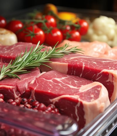 a bunch of meat and vegetables in a cooling tray