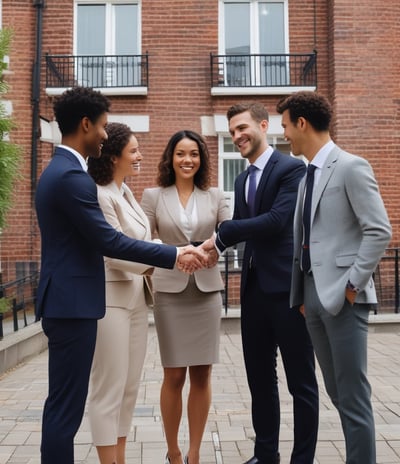 A group of people dressed in formal attire are standing in front of a real estate office. The storefront displays a large sign with an URL and various social media icons, and text in a foreign language. The group mostly consists of men in white shirts and dark trousers, standing in a straight line, with two women at either end of the row.