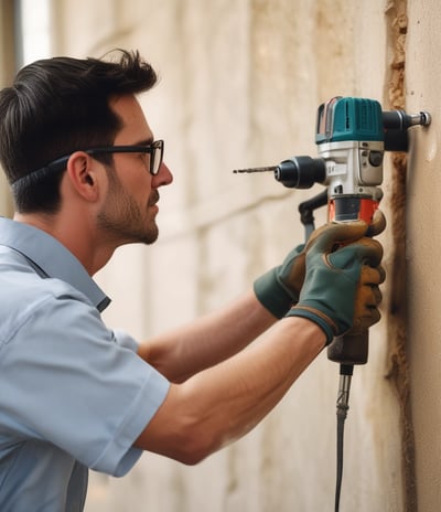 A flat-screen television is displaying a variety of streaming app icons, including Netflix, Prime Video, Spotify, and ITV Hub among others. The TV is placed on a media console with a small potted plant beside it. A tall lamp stands to the right, and a faint, ambient light casts a purple hue on the wall above the TV.