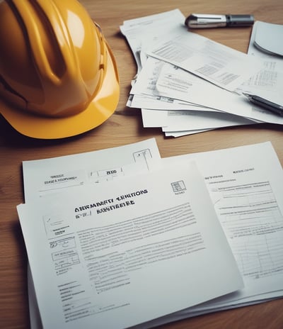 A person wearing a red hard hat and red protective workwear can be seen from behind. The helmet has a 'Safety First' sticker, emphasizing workplace safety. The person appears to be outdoors, and there is a green, blurred background, suggesting a construction or industrial setting.