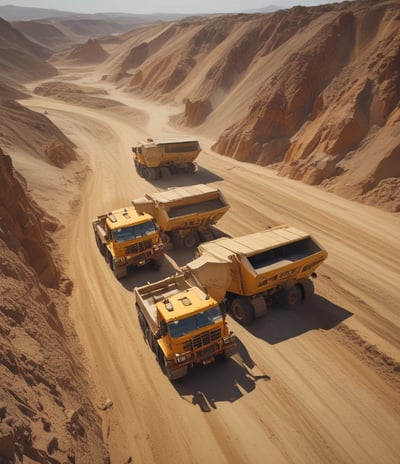 Heavy machinery operates on a large-scale mining site. Excavators and dump trucks are moving earth and materials, surrounded by rocky terrain and steep slopes. The equipment is primarily yellow and orange, indicating industrial use, and work is being actively carried out to extract resources.