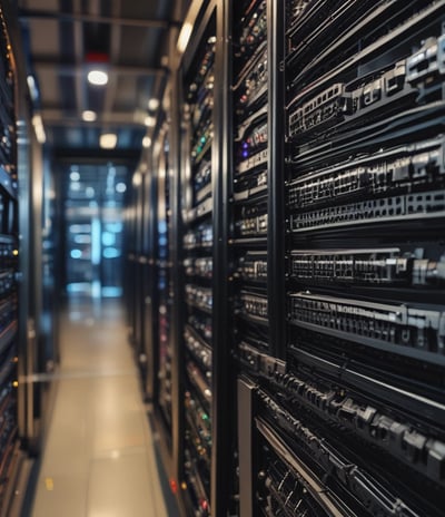 A dimly lit server rack filled with network equipment. Multiple colored cables, predominantly red, blue, and black, are neatly organized and connected to various devices such as switches and routers. Small LED lights on the equipment indicate active connections.