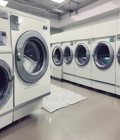 A laundromat interior featuring two stacked commercial washer and dryer machines. The machines have a capacity of 23 kg each. The front view displays control panels with various settings and instructions. The background includes a partially visible reception area with chairs, and there are informational posters mounted on a side wall.