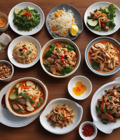 A close-up of a hand holding a cardboard container filled with grilled meat and noodles, adorned with a small flag resembling the Thai national flag.