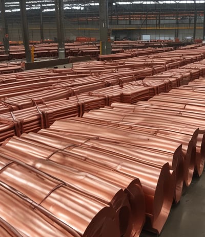 A variety of copper and metal pans are neatly hung on a store rack, alongside shelves filled with glassware and ceramic bowls. The setting appears to be a kitchenware shop with dim lighting, emphasizing the reflective surfaces of the pots and pans.