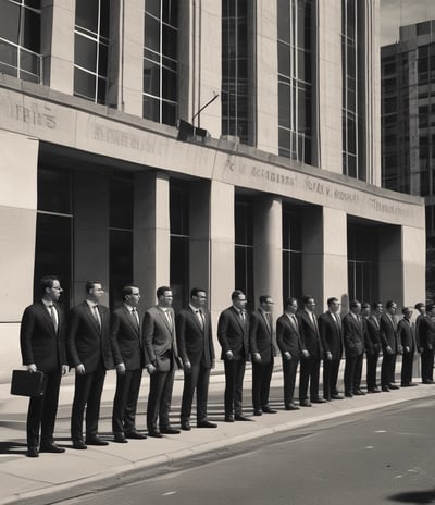 A group of people dressed in formal attire are standing in front of a real estate office. The storefront displays a large sign with an URL and various social media icons, and text in a foreign language. The group mostly consists of men in white shirts and dark trousers, standing in a straight line, with two women at either end of the row.