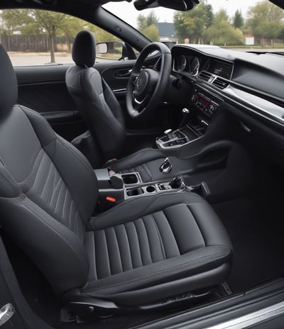 a car with a black leather interior and a black leather interior