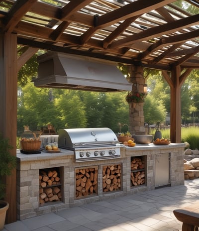 a grilling area with a grill and a grill