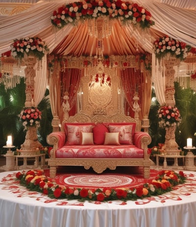 A charming storefront featuring a decorative wall covered in pink and white roses alongside a wooden door with glass panels. A white ornamental bench sits on the right, under a soft pink awning with 'Dream Wedding Planning' written in cursive.