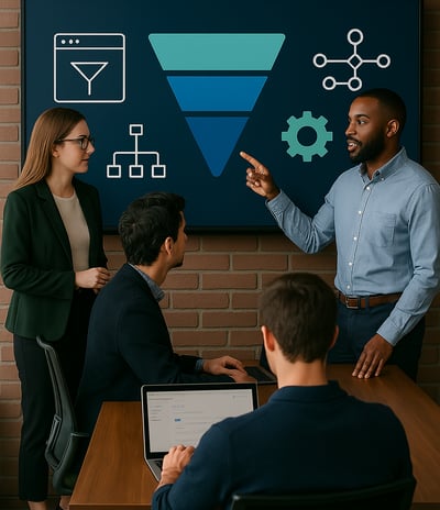 a man and woman in business attire standing in front of a presentation board