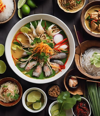 A variety of Thai dishes are arranged on a wooden table, featuring rich and colorful food. On the upper left, a bowl of creamy white soup is garnished with vegetables and oil droplets. Next to it, a bowl of reddish-brown rice is placed beside a beverage in a glass. The upper right features a bowl of curry with chunks of meat, spices, and a bay leaf. Below, a dish with a serving of Pad Thai has bean sprouts, a slice of lime, and crushed peanuts. Another curry dish is accompanied by rice noodles, herbs, and onions. To the left, a plate holds a vibrant papaya salad with tomatoes, beans, carrots, and peanuts.