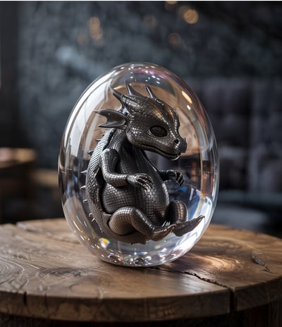 A carbon fiber dragon fetus in a resin egg